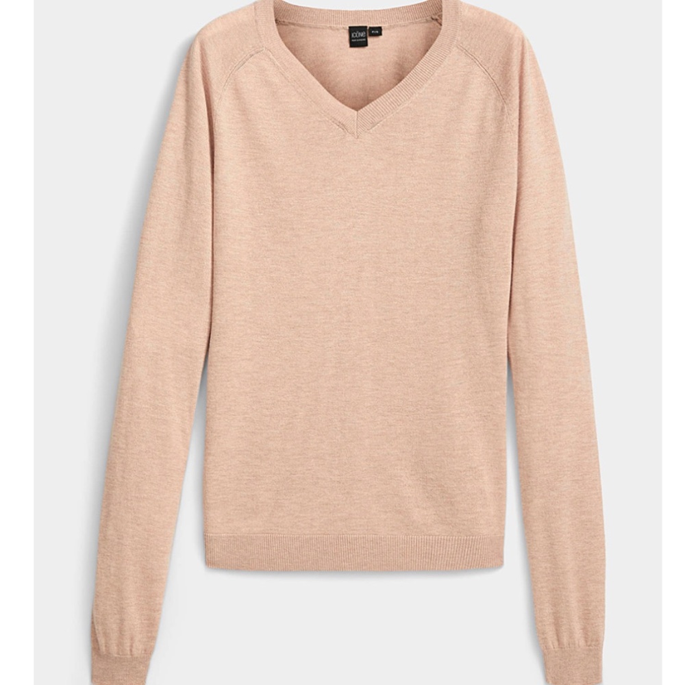 Cashmere touch minimalist cream beige V-neck sweater NWT